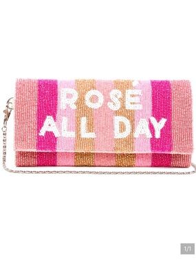 America & Beyond Beaded 'Rosé All Day' Clutch‎ Chain Purse Wine Pink Stripe NWT